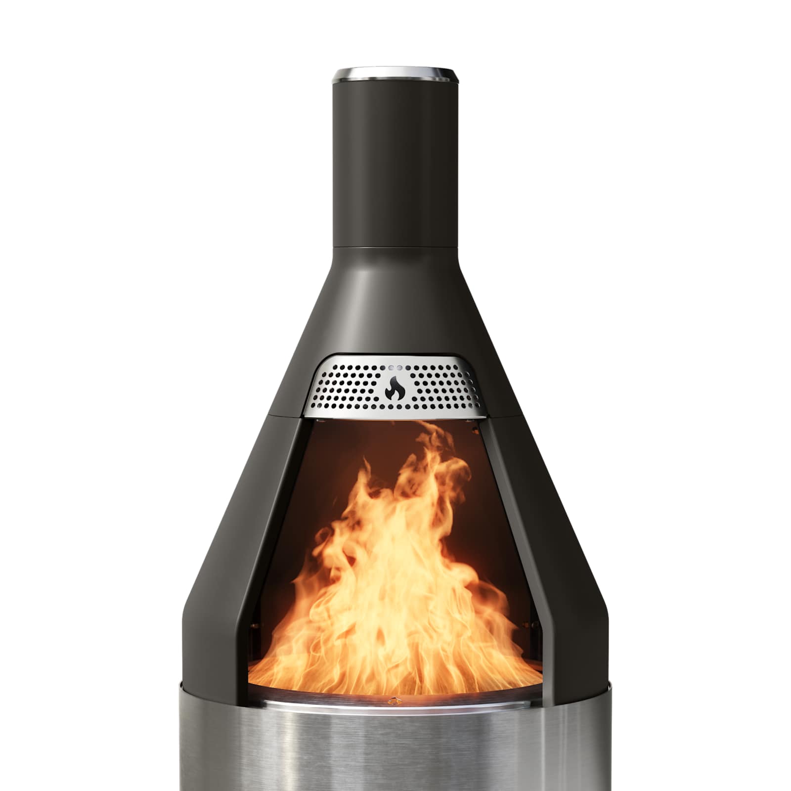 Solo Stove Chiminea Topper on a fire pit with flames visible through the opening